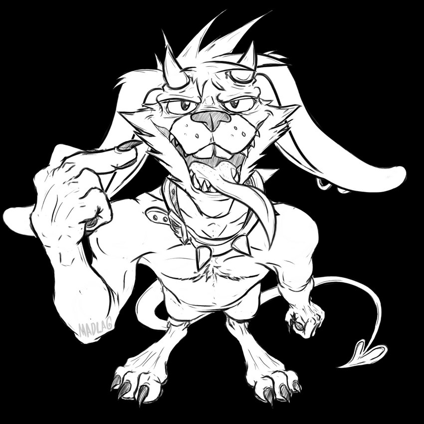 3_fingers anthro athletic buckteeth claws collar ear_piercing fangs fingers front_view fur grin horn long_ears long_tail looking_at_viewer male muscular muscular_male open_mouth pecs piercing sharp_teeth smile solo spade_tail spiked_collar spikes standing tail teeth tongue tongue_out tuft madlag wrath_(madlag) demon hare lagomorph leporid mammal rabbit 1:1 2021 alpha_channel digital_drawing_(artwork) digital_media_(artwork) hi_res monochrome