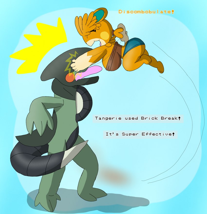 anthro big_breasts big_butt bottomwear breasts butt clothing dialogue duo female green_body jumping male open_mouth orange_body shirt short_stack shorts smile text tongue tongue_out topwear monterrioashmore nintendo pokemon tangerie_the_pawmot cyclizar generation_9_pokemon lizard mammal pawmot pokemon_(species) reptile rodent scalie english_text hi_res