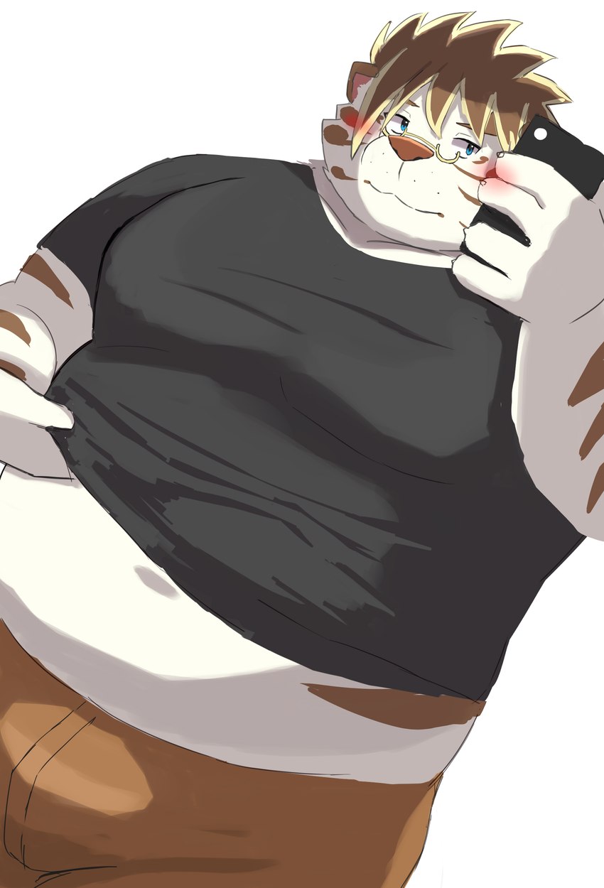 anthro belly blush bottomwear cellphone clothing electronics eyewear fur glasses male navel overweight phone shirt shorts smartphone solo striped_body striped_fur stripes t-shirt topwear white_body white_fur 9dtq0 lifewonders tokyo_afterschool_summoners licho_(tas) felid mammal pantherine tiger absurd_res hi_res