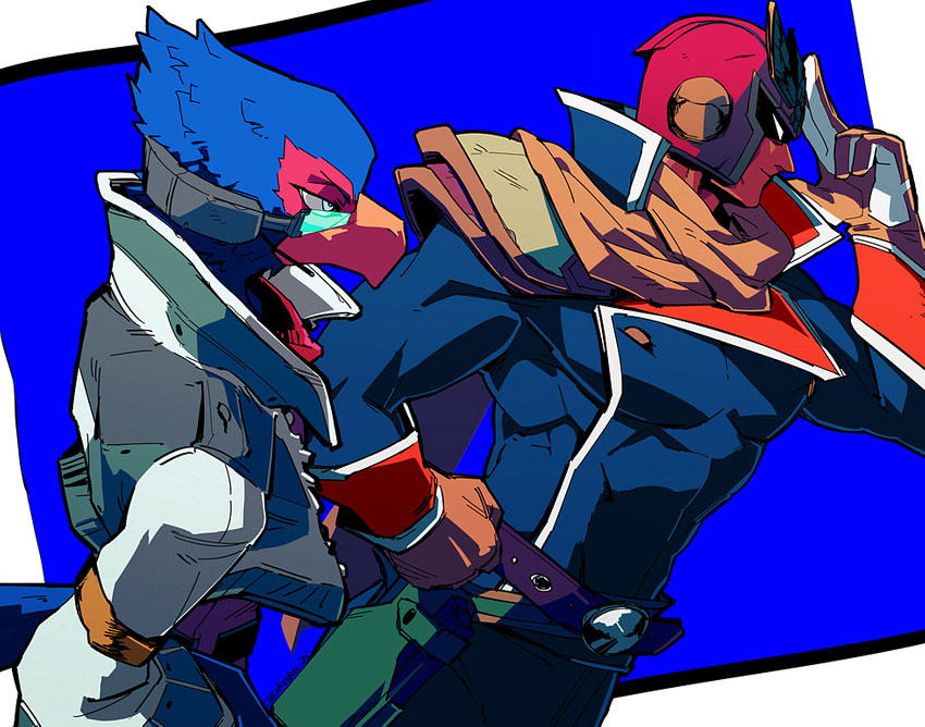 anthro beak clothing duo male simple_background koku_zi f-zero nintendo star_fox super_smash_bros. captain_falcon falco_lombardi avian bird human mammal