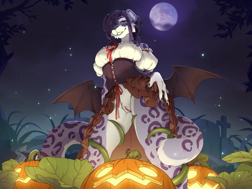 anthro bat_wings big_breasts breasts clothing corset costume dreadlocks female food fruit holidays lingerie looking_at_viewer membrane_(anatomy) membranous_wings moon night panties plant pumpkin solo spread_wings starscape topwear underwear vines wings zilya-lya halloween legend_of_ahya natalia_ruyemov_(darkflamewolf) domestic_cat felid feline felis leopard mammal pantherine snow_leopard 4:3 hi_res