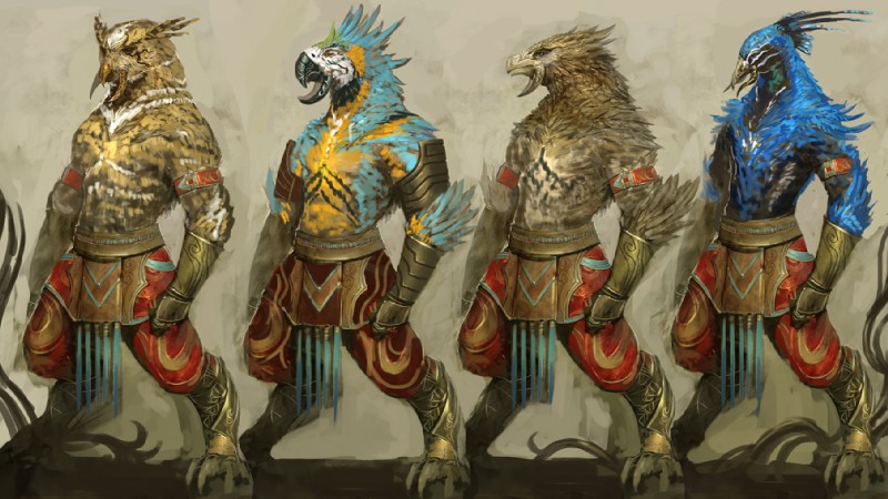 4_toes anthro armor beak blue_body blue_feathers brown_body brown_feathers claws clothed clothing feathers feet gauntlets gloves grey_background group handwear male open_mouth realistic simple_background standing toes tusks yellow_body yellow_feathers kekai_kotaki asian_mythology east_asian_mythology guild_wars japanese_mythology mythology accipitrid accipitriform ara_(genus) avian bird blue-and-yellow_macaw galliform macaw neotropical_parrot owl parrot peafowl phasianid tengu true_parrot yokai 16:9 widescreen