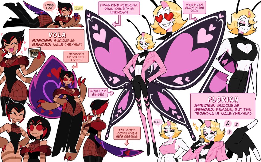 antennae_(anatomy) black_hair black_sclera blonde_hair blush breasts brown_body brown_skin bubble_butt butt cleavage_cutout cutout duo electronics eyewear female femboy glasses hair heart_(marking) heart_glasses insect_wings lepidopteran_wings male markings medium_breasts microphone multi_arm multi_eye multi_limb pupils red_eyes short_hair simple_background speech_bubble text thick_thighs white_background white_body white_pupils white_skin wide_hips wings idolomantises florian_(idolomantises) vola_(idolomantises) animal_humanoid arachnid arachnid_humanoid araneomorph arthropod arthropod_humanoid demon humanoid hybrid jumping_spider peacock_spider spider spider_humanoid succubus english_text hi_res