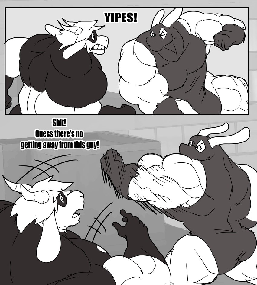 anthro back_muscles big_bulge big_muscles big_pecs bulge duo fight huge_muscles huge_pecs huge_thighs hyper hyper_muscles male mask muscular muscular_anthro muscular_arms muscular_legs muscular_male muscular_thighs pecs superhero thick_thighs parttimeyeen_(artist) gabriel_(parttimeyeen) tristen_(parttimeyeen) bovid caprine goat lagomorph leporid mammal rabbit absurd_res comic hi_res