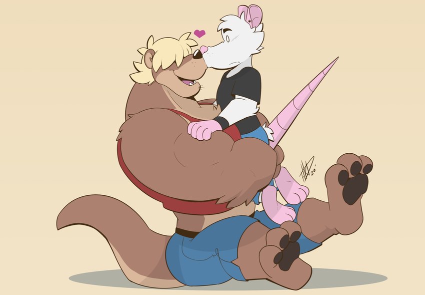 anthro barefoot blonde_hair bottomwear brown_body brown_fur clothing duo feet fur hair heart_symbol male male/male muscular muscular_male nose_to_nose orange_background pink_nose pink_tail shadow shirt shorts simple_background t-shirt tail topwear white_body white_fur hikazedragon my_bigger_boyfriend ocean_otter pride_possum american_opossum mammal marsupial mustelid otter virginia_opossum hi_res