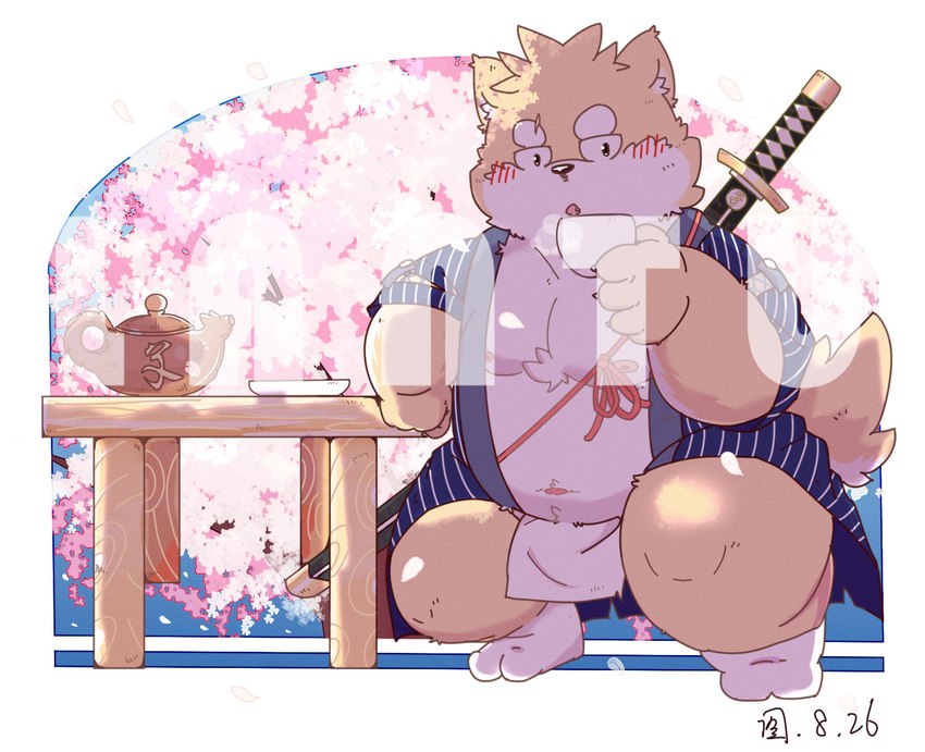 anthro asian_clothing belly blush clothed clothing east_asian_clothing fundoshi japanese_clothing male melee_weapon nipples overweight plant solo sword tree underwear weapon young young_anthro lantu_(artist) canid canine canis domestic_dog mammal 2021 hi_res