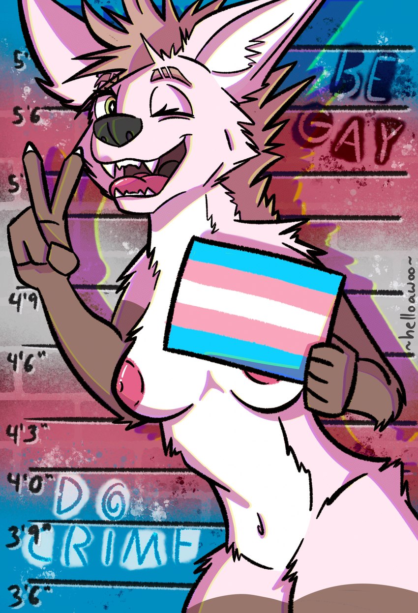 anthro breasts brown_body brown_fur criminal female fur lgbt_pride nipples nude pink_body pink_fur placard pride_color_placard pride_color_sign pride_color_wall pride_colors slim small_breasts solo text transgender_pride_colors wall_(structure) helloawoo be_gay_do_crimes bella_leggy canid canine canis mammal maned_wolf wolf absurd_res english_text hi_res trans_(lore) trans_woman_(lore)