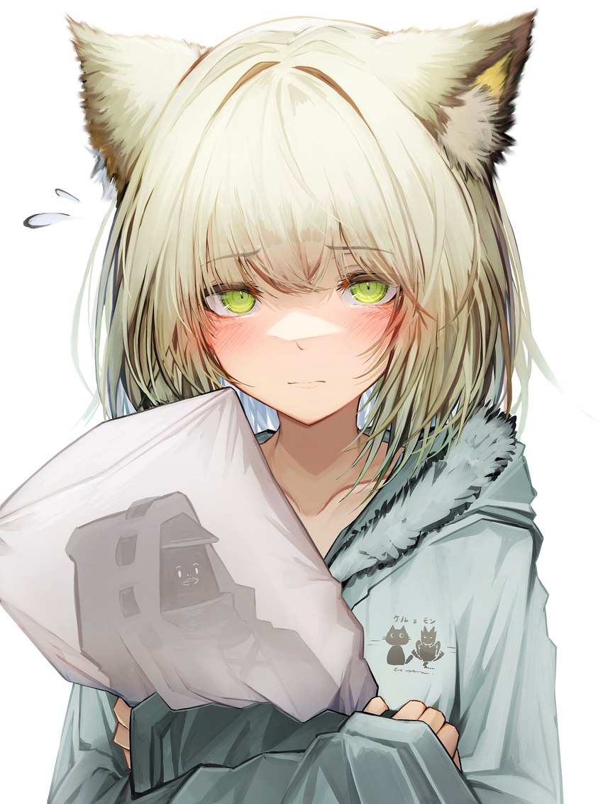 blush bodily_fluids body_pillow clothing dakimakura dakimakura_pillow female female_humanoid flying_sweatdrops fur green_eyes green_hair hair hoodie hug hugging_object hugging_pillow pillow solo sweat sweatdrop text topwear white_body white_fur tabhead arknights hypergryph studio_montagne doctor_(arknights) kal'tsit_(arknights) animal_humanoid cat_humanoid felid felid_humanoid feline feline_humanoid humanoid mammal mammal_humanoid 2022 absurd_res digital_media_(artwork) hi_res japanese_text translated