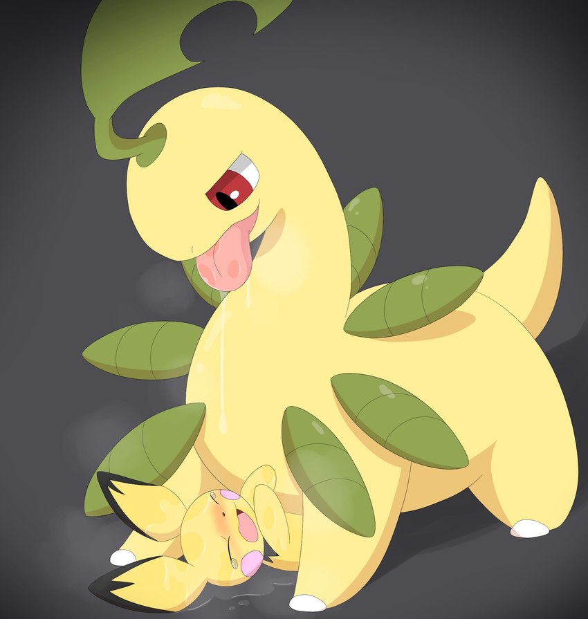 ambiguous_gender bodily_fluids dripping duo eyes_closed feral green_body grey_background monotone_body open_mouth pink_cheeks pinned pinned_to_ground red_eyes saliva saliva_drip simple_background tongue yellow_body parupoke nintendo pokemon bayleef generation_2_pokemon pichu pokemon_(species) hi_res