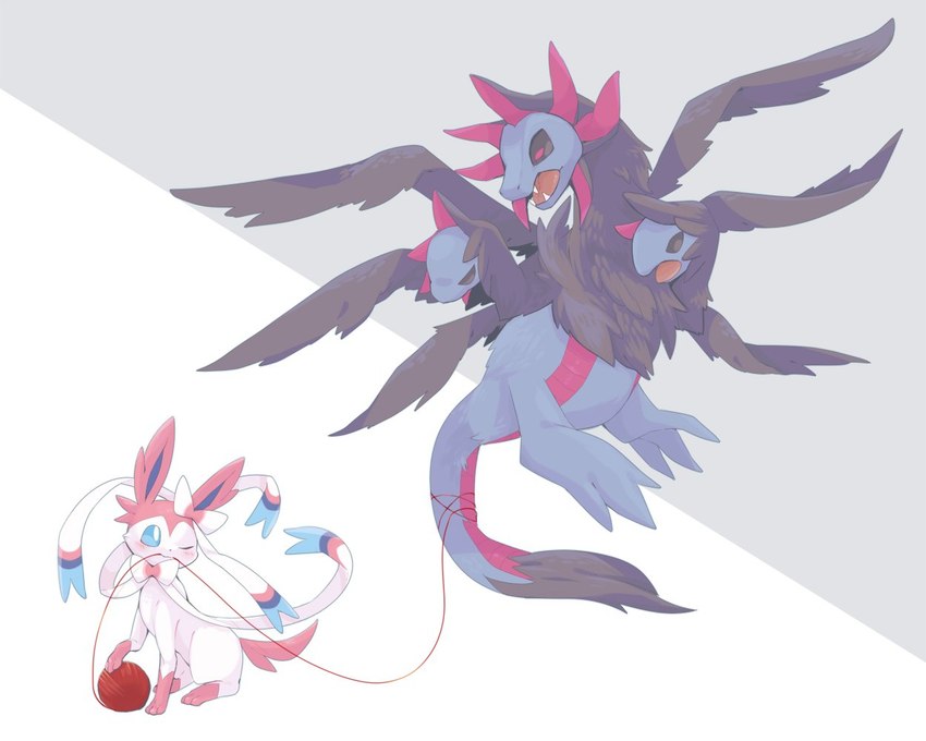 ambiguous_gender ball_of_yarn black_body black_fur black_sclera blue_body blue_eyes blush blush_lines duo fangs feral fur looking_at_another multi_head one_eye_closed open_mouth paws pink_body pink_fur purple_eyes ribbons_(anatomy) simple_background tail teeth white_body wings yarn mu64mu4 nintendo pokemon eeveelution generation_5_pokemon generation_6_pokemon hydreigon pokemon_(species) sylveon 2024 5:4