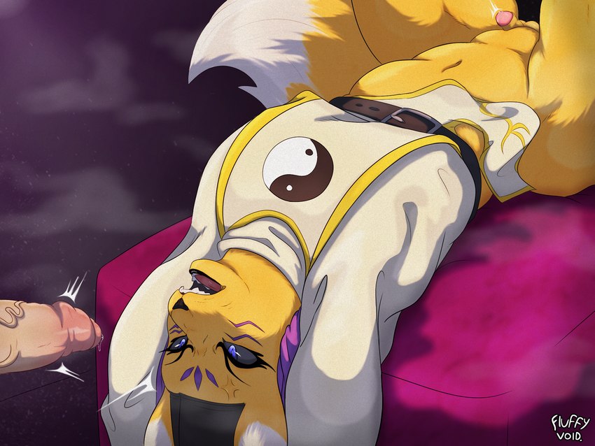 anthro belt clothed clothing duo erection femboy genitals imminent_sex male male/male open_mouth partially_clothed penis small_penis tail teeth yin_yang fluffy_void bandai_namco digimon taodad_(galaflava) canid digimon_(species) human mammal taomon 4:3 hi_res