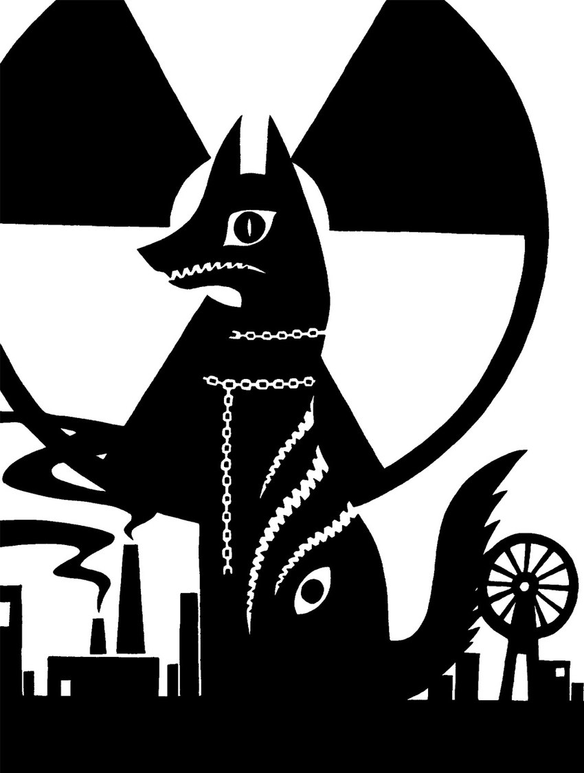 ambiguous_gender amusement_ride bound chain chained chernobyl feral ferris_wheel hazard_symbol multi_eye multi_mouth open_mouth pointy_ears prick_ears pripyat pupils quadruped radiation_symbol sharp_teeth silhouette simple_background sitting slit_pupils smokestack solo symbol tail teeth white_background sunnyclockwork chernobyl:_zone_of_exclusion canid canine canis domestic_dog mammal 2015 black_and_white digital_drawing_(artwork) digital_media_(artwork) hi_res monochrome