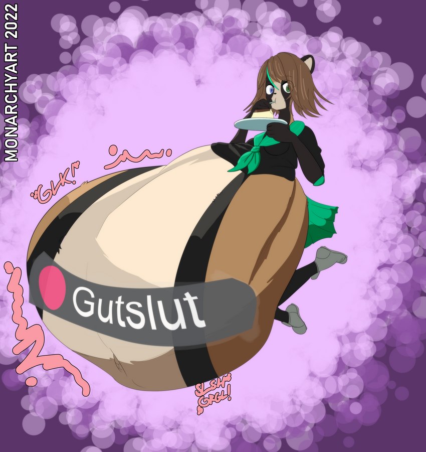 anthro belly big_belly clothing dessert digestion_noises elevated female floating food glue huge_belly hyper hyper_belly label looking_at_viewer pudding school_uniform solo torn_clothing uniform monarchyart yuuki_(monarchyart) canid canine mammal raccoon_dog tanuki absurd_res digital_media_(artwork) hi_res