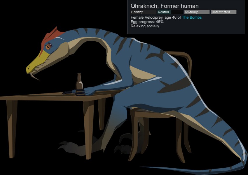 after_transformation alcohol beer beverage chair claws drinking female feral furniture head_crest markings nude pregnant pupils scales sharp_teeth sickle_claw sitting slit_pupils solo striped_markings stripes table teeth text text_box toe_claws tongue tongue_out asg_alligator capcom monster_hunter rimworld bird_wyvern velociprey alpha_channel english_text