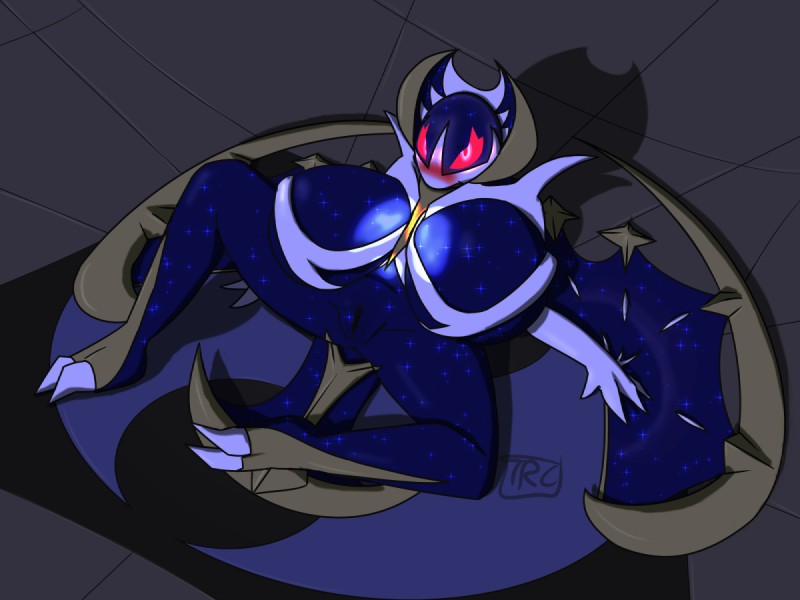 2_toes 3_fingers anthro anthrofied big_breasts blush breasts detailed_background feet female fingers genitals huge_breasts pokemorph pussy red_eyes solo starscape toes trcfan nintendo pokemon bat generation_7_pokemon legendary_pokemon lunala mammal pokemon_(species) 4:3