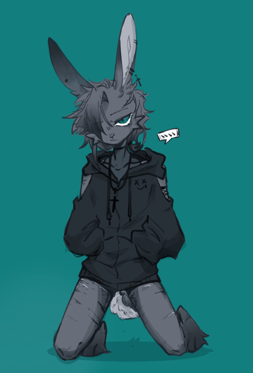 anthro barefoot biped black_clothing black_hoodie black_topwear black_underwear clothed clothed_anthro clothed_male clothing ear_piercing ellipsis feet front_view grey_body grey_hair hair hair_over_eye half-closed_eyes hands_in_both_pockets hoodie kemono kneeling long_ears looking_at_viewer male male_anthro medium_hair mouth_closed narrowed_eyes pantsless pantsless_anthro pantsless_male piercing pupils simple_background slit_pupils solo spoken_ellipsis tail teal_background teal_eyes toes topwear underwear white_inner_ear white_sclera green_vine sote lagomorph mammal full-length_portrait hi_res portrait