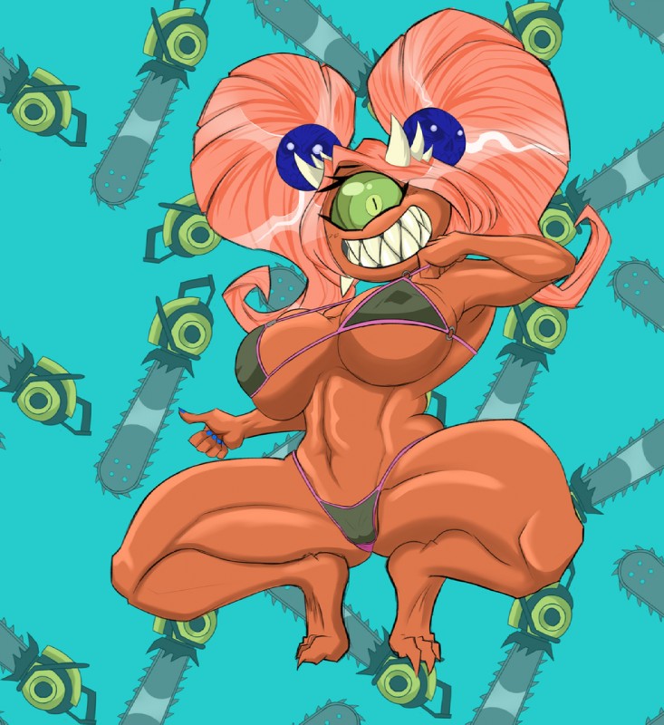 1_eye accessory alternate_species big_breasts bikini blue_nails breasts camel_toe chainsaw clothed clothing colored_nails crouching fangs female green_eyes hair hair_accessory horn humanoidized looking_at_viewer nails navel not_furry pink_hair power_tool red_body red_skin sharp_teeth smile solo spikes swimwear teeth thick_thighs tools two-piece_swimsuit weapon desperadodave doom_(series) id_software microsoft cookie_demon_(robotjoe) cacodemon demon humanoid monster monstrous_humanoid 2017 digital_media_(artwork)