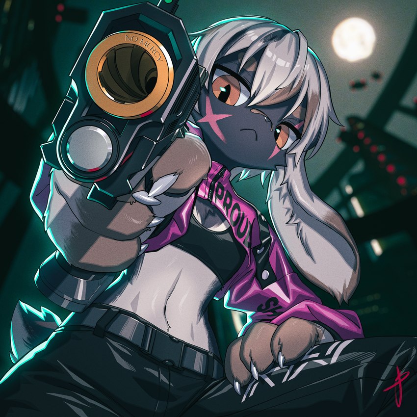 aiming aiming_at_viewer anthro bandage bandage_on_face bandage_on_nose blurred_background brown_eyes brown_highlights claws clothed clothing crop_top detailed_background engraving eye_scar facial_scar femboy fingerless_(marking) floppy_ears foreshortening front_view frown grey_claws grey_hair gun hair handgun highlights_(coloring) holding_gun holding_handgun holding_object holding_ranged_weapon holding_weapon looking_at_viewer looking_down low-angle_view male male_anthro midriff pointing_gun_at_viewer pupils ranged_weapon rifling scar shirt shrug_(clothing) slit_pupils small_waist solo topwear weapon worm's-eye_view x_scar blaedic kenny_(bun_kennys) lagomorph leporid mammal rabbit 1:1 2023 absurd_res hi_res