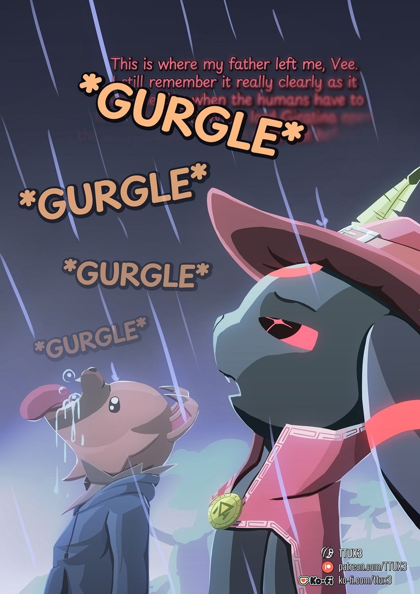 anthro clothing dialogue duo female hat headgear headwear hoodie male raining text topwear ttux3 nintendo pokemon yummy_rain_(meme) boolu_(ttux3) vee_(ttux3) eeveelution generation_2_pokemon generation_7_pokemon pokemon_(species) rockruff umbreon colored english_text hi_res meme