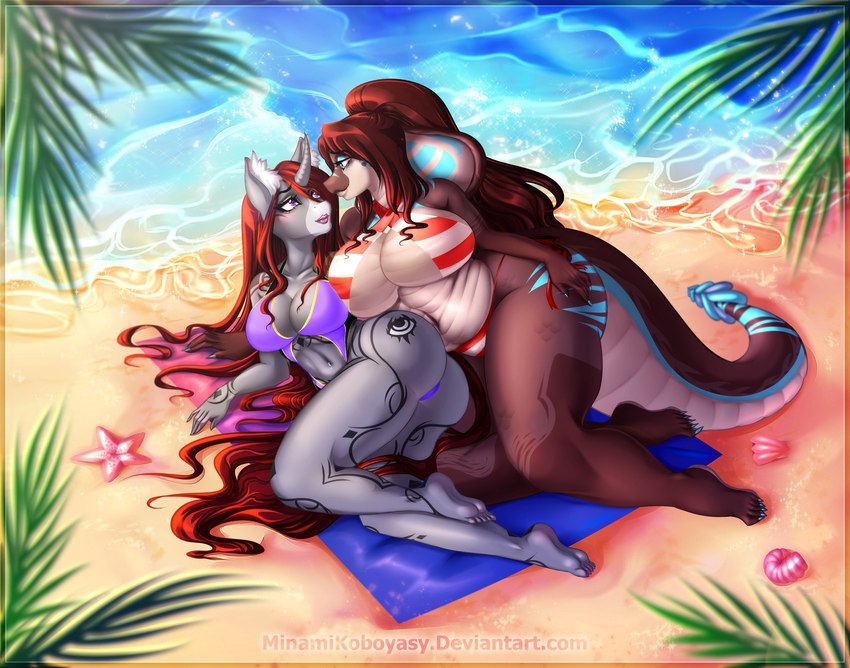 anthro beach beach_towel big_breasts bikini bikini_bottom bikini_top bisexual_pride_colors breasts clothing coat_markings colored_nails cutie_mark duo eye_contact female female/female hair hair_on_floor inner_ear_fluff iridescent iridescent_shell lgbt_pride looking_at_another markings multicolored_towel nails navel navel_piercing overweight palm_tree piercing plant pride_color_towel pride_colors rattle_(anatomy) red_hair sand sea seashell seaside shell snip_(marking) swimwear towel tree tuft two-piece_swimsuit water minamikoboyasy hasbro my_little_pony chalice_(oc) selune_darkeye asterozoan cobra echinoderm equid mammal marine pit_viper rattlesnake reptile scalie snake starfish viper hi_res