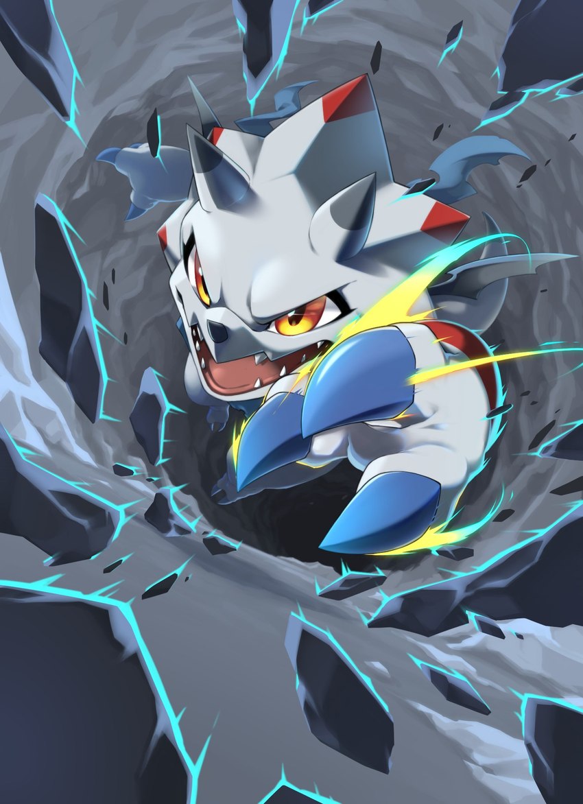 angry anthro attack black_claws claws fangs furrowed_brow horn male rock shards solo teeth white_body yellow_eyes toyuri_angrm bandai_namco digimon digimon_(species) gammamon hi_res