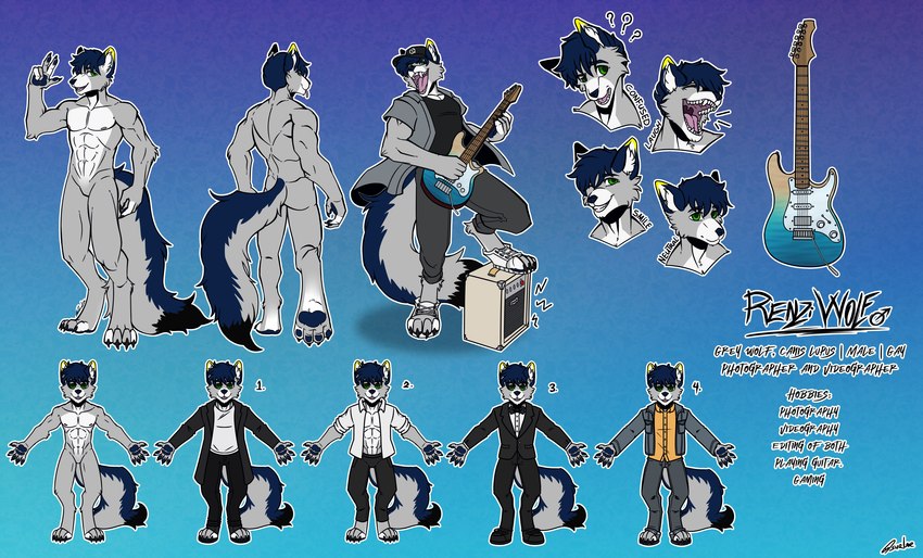 4_toes abs anthro blue_hair blue_pawpads blue_paws clothed clothing dipstick_ears ear_markings feet fully_clothed green_eyes grey_toes guitar hair male multicolored_ears muscular muscular_anthro muscular_male musical_instrument pawpads paws plucked_string_instrument solo speaker string_instrument tail toes white_toes yellow_ear_tips surfervelocity renziwolf canid canine canis mammal wolf absurd_res full-length_portrait hi_res model_sheet portrait