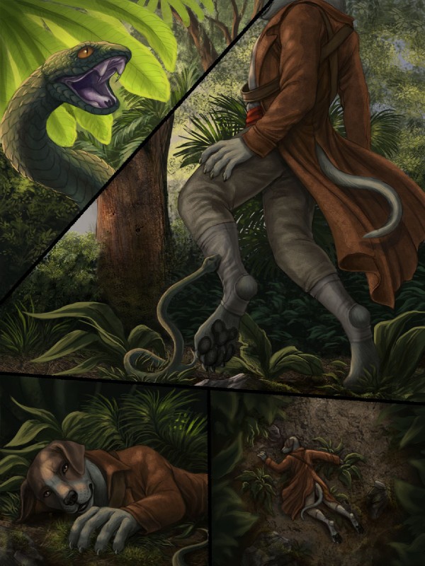 5_fingers anthro bite black_pawpads claws clothed clothing detailed_background fangs feral fingers forest fully_clothed fur green_body green_scales grey_body grey_fur lying male on_front open_mouth outside pawpads paws plant scales tail teeth tree yellow_eyes ishaway myenia rukis red_lantern red_lantern_universe canid canine canis domestic_dog mammal reptile scalie snake 2018 3:4 comic