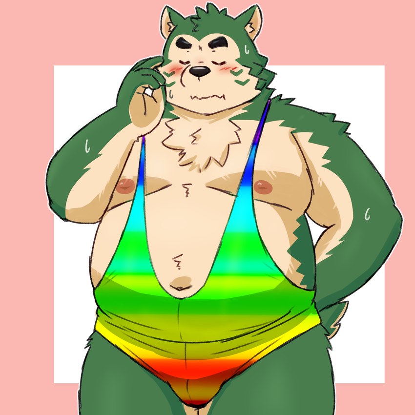 anthro belly blush clothing embarrassed eyebrows fur green_body green_fur male navel nipples overweight overweight_male shirt solo tank_top thick_eyebrows topwear yaki_atsuage lifewonders live_a_hero mokdai canid canine canis domestic_dog mammal 1:1 hi_res