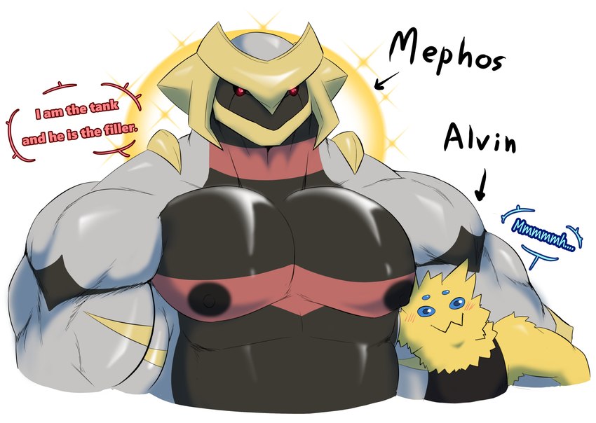 anthro blush blush_lines duo larger_male leaning_on_another male multi_arm multi_limb muscular muscular_anthro muscular_male size_difference small_dom_big_sub small_top_big_bottom smaller_male smile sparkles mels_monster_(artist) nintendo pokemon alvin_(mels_monster) mephos_(mels_monster) generation_4_pokemon generation_5_pokemon giratina joltik legendary_pokemon pokemon_(species) absurd_res hi_res