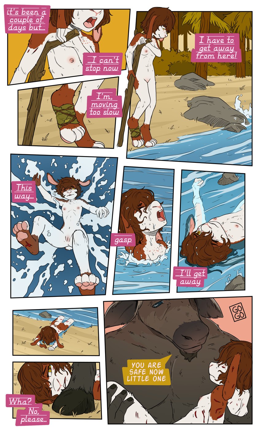 anthro dialogue exhausted female freckles genitals male nude rescue river solo swimming text wounded young gogogrey misa_(balmung) bovid bovine hare lagomorph leporid mammal absurd_res comic english_text hi_res