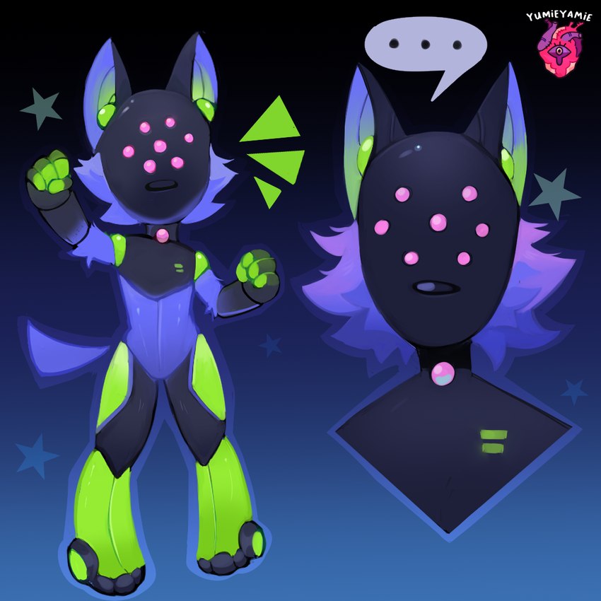 ambiguous_anthro ambiguous_gender anthro biped cheek_tuft ellipsis facial_tuft feet floating_tail futuristic gradient_background handpaw heart_(organ) machine multicolored_body organs outline paws simple_background slim_ambiguous slim_anthro solo speech_bubble standing star tail tuft unusual_anatomy unusual_tail y2k_(graphic_design) remysaster sega sega_fave fan_character canid canine idog mammal robot 1:1 2023 model_sheet watermark