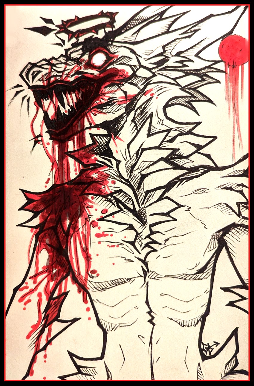 anthro black_border blood blood_on_mouth bodily_fluids border halo horror_(theme) macabre male pen&ink plantigrade skinny slim solo greaserdemon goretober cryptid draconic monster 2023 hi_res marker_(artwork) traditional_media_(artwork)