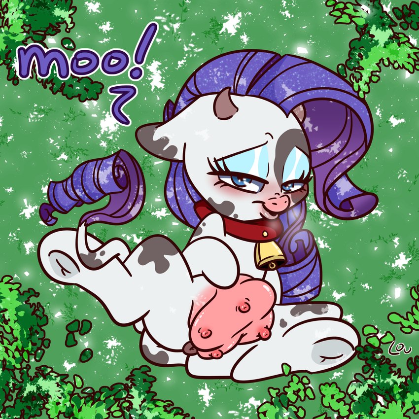 alternate_species anus blue_eyes collar female feral hair looking_at_viewer lying navel purple_hair quadruped solo teats udders white_body louvely friendship_is_magic hasbro my_little_pony fan_character raricow_(mlp) rarity_(mlp) bovid bovine cattle mammal 1:1 2021 hi_res