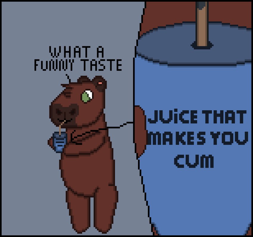 ambiguous_gender anthro bendy_straw black_border border brown_body brown_fur container cup dialogue drinking drinking_straw fur green_eyes happy oblivious solo text toridiaz juice_that_makes_you_cum capybara caviid humanoid mammal rodent digital_media_(artwork) english_text pixel_(artwork)