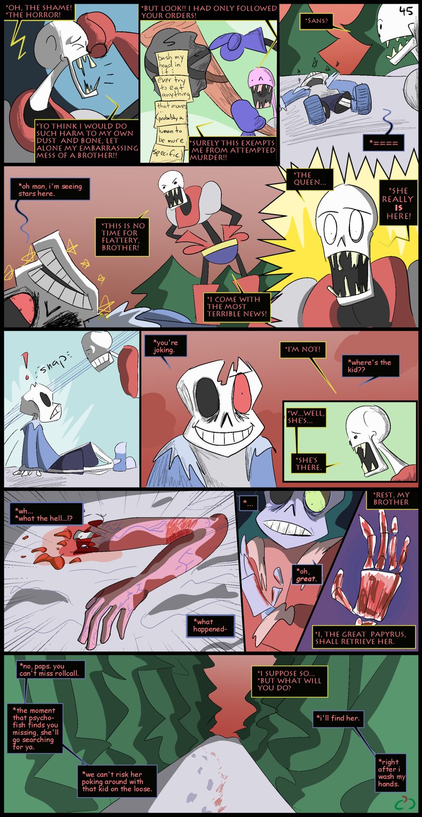 alternate_universe bone dialogue male plant red_eyes skeleton speech_bubble teeth text thin_calves thin_legs thin_thighs tree white_body sour-apple-studios horrortale undertale undertale_(series) papyrus_(horrortale) papyrus_(undertale) sans_(horrortale) sans_(undertale) animated_skeleton boss_monster_(undertale) humanoid undead comic english_text hi_res