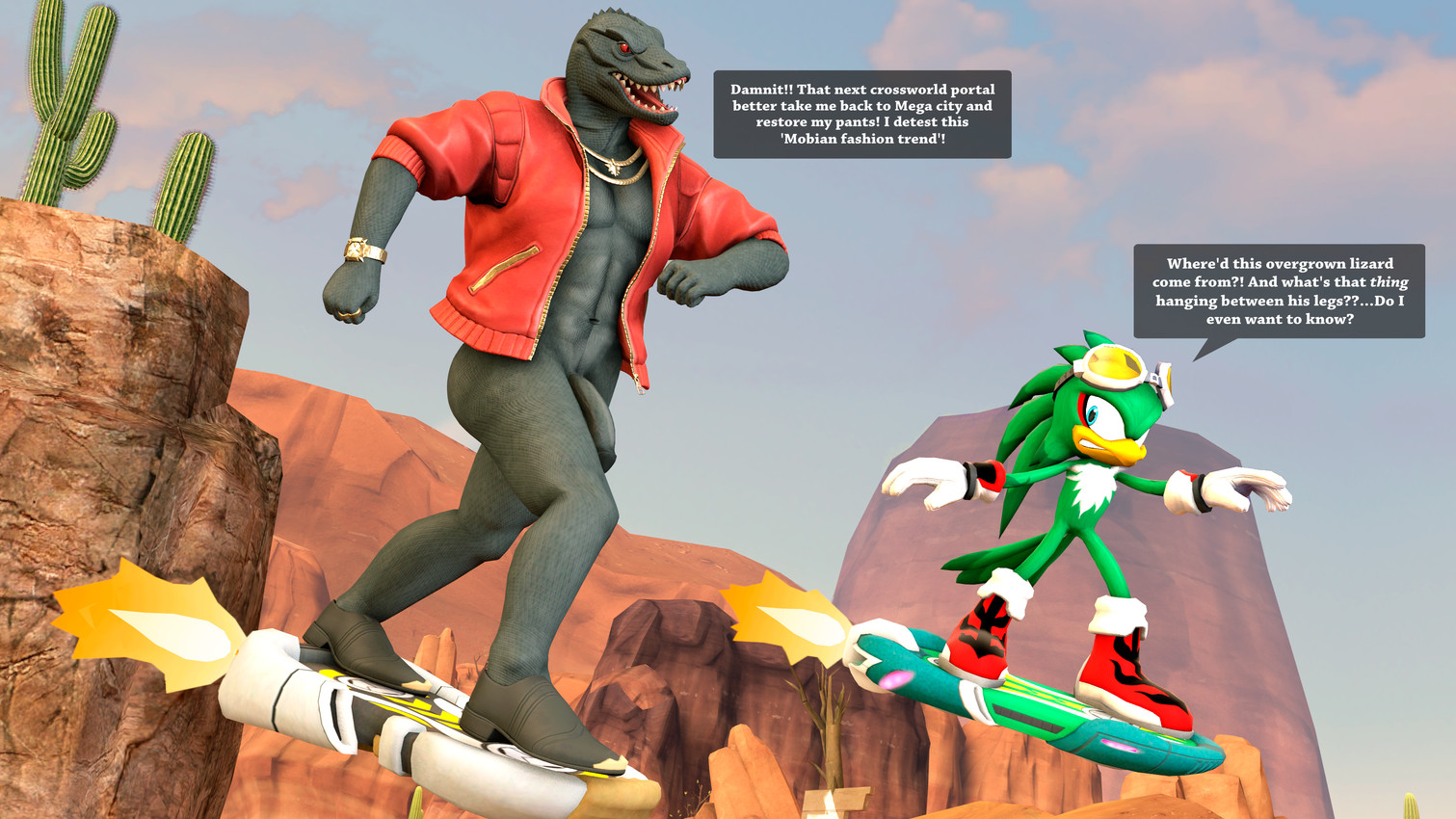 anthro bottomless bottomless_anthro bottomless_male clothed clothing desert dialogue duo exhibitionism extreme_gear flaccid genitals hoverboard male nude parody penis public public_exposure public_nudity race meteorsmash okamical_(modeler) epic_games fortnite sega sonic_racing:_crossworlds sonic_riders sonic_the_hedgehog_(series) jet_the_hawk thunder_(fortnite) humanoid absurd_res hi_res