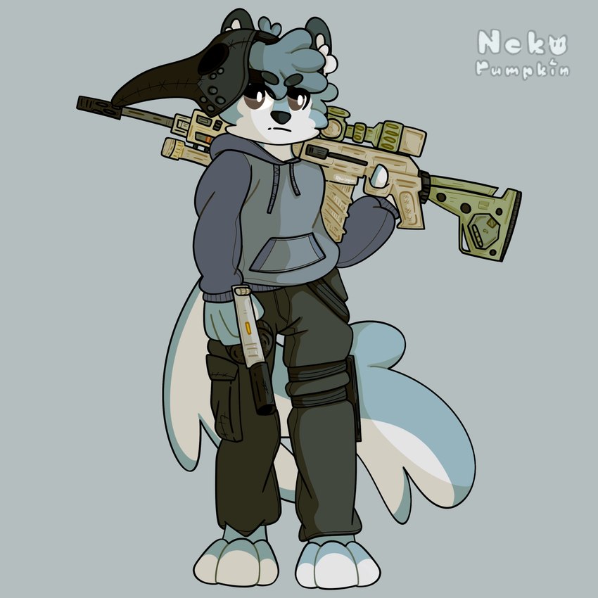 animal_mask anthro beak_mask black_nose blue_body blue_fur brown_eyes clothed clothing fur gun hoodie looking_away male mask ranged_weapon solo topwear weapon white_body white_fur nekopumpkin escape_from_tarkov hemlock_(nekopumpkin) canid canine canis domestic_dog husky mammal nordic_sled_dog spitz absurd_res hi_res