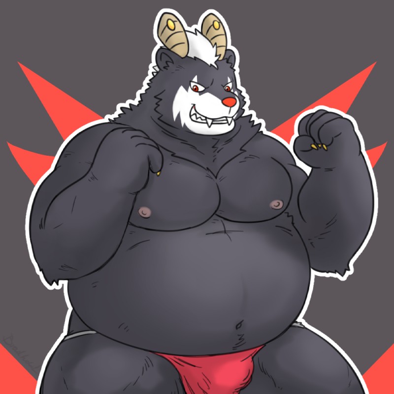 anthro belly black_body black_fur bulge clothing fur horn male moobs navel nipples overweight overweight_anthro overweight_male red_eyes red_nose simple_background solo underwear mtflying30371 bear mammal 1:1