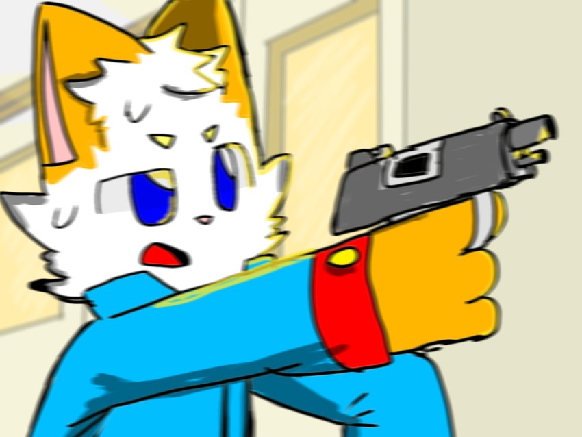 blue_clothing blue_eyes clothing gun handgun inside male orange_ear orange_paws ranged_weapon solo weapon borka_artist canid canine fox mammal 4:3