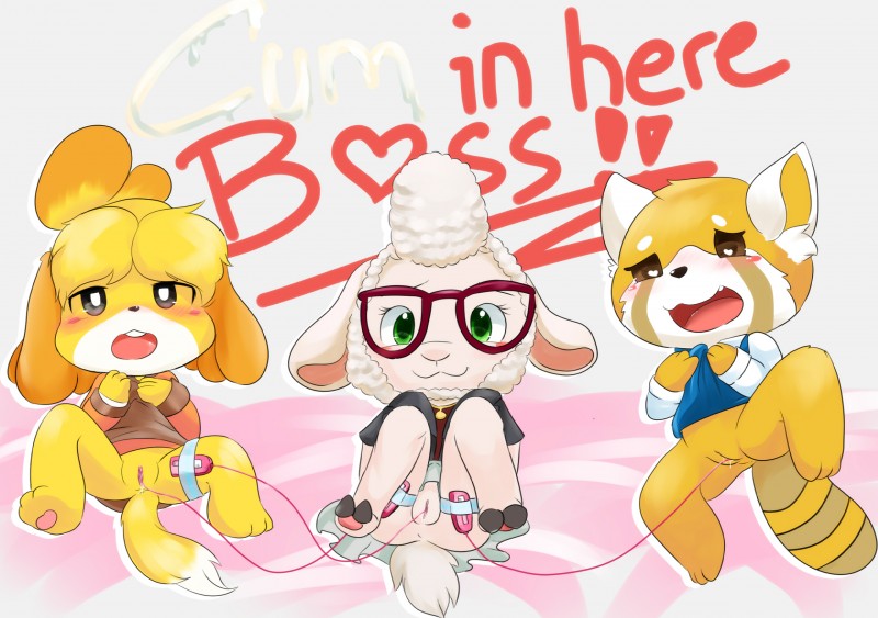 anthro blush bodily_fluids bottomless clothed clothing eyewear female genital_fluids genitals glasses group heart_eyes heart_symbol presenting pussy sex_toy text vaginal_fluids vibrator young clyndemoon aggretsuko animal_crossing disney nintendo sanrio zootopia dawn_bellwether isabelle_(animal_crossing) retsuko ailurid bovid canid canine canis caprine domestic_dog domestic_sheep mammal red_panda sheep shih_tzu toy_dog crossover english_text hi_res