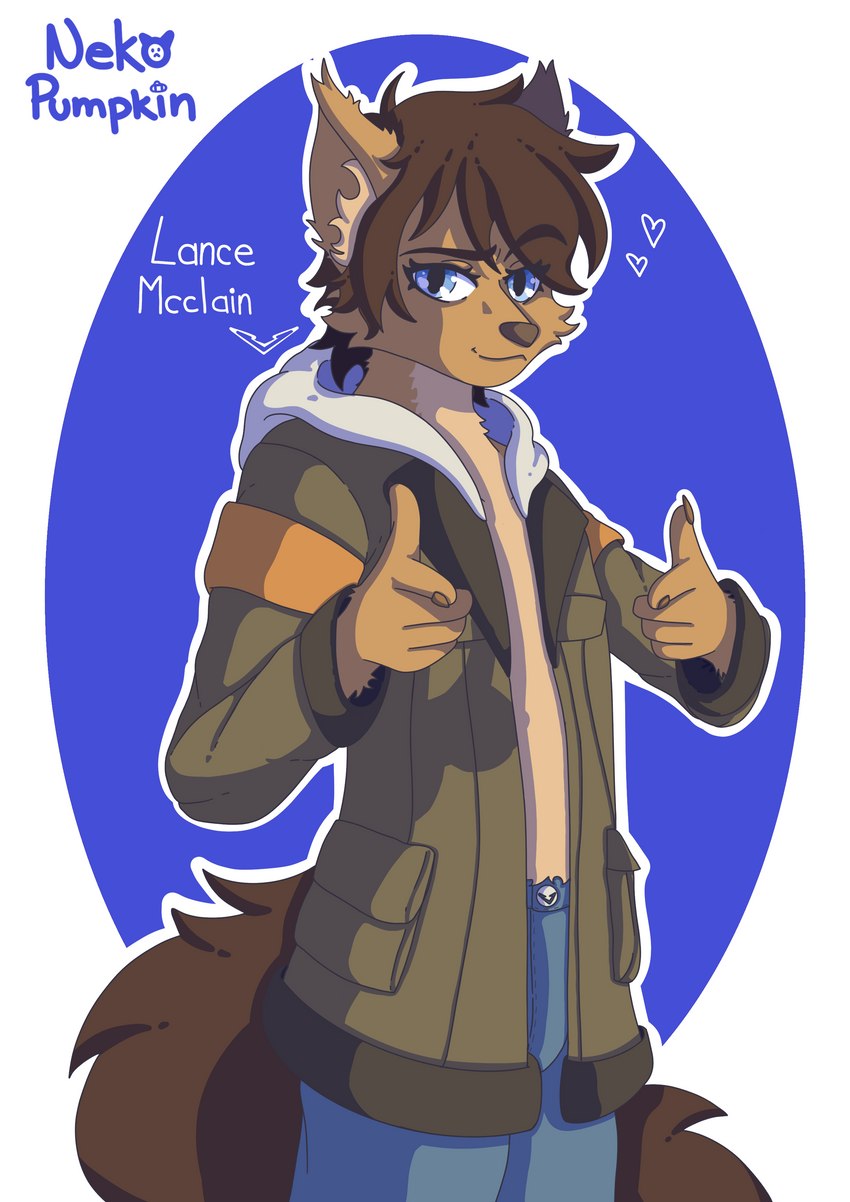 anthro bare_chest blue_eyes bottomless bottomwear brown_body brown_fur brown_hair brown_nose bulge clothed clothing collarbone denim denim_bottomwear denim_clothing eyebrows finger_gun fluffy fluffy_ears fur gesture hair hand_gesture head_tuft hoodie hoodie_only jacket jacket_only jeans leggings legwear long_tail looking_at_viewer male pants raised_eyebrow simple_background solo tail tan_body tan_fur teeth topwear topwear_only tuft nekopumpkin lance_(voltron) canid canine canis mammal absurd_res hi_res