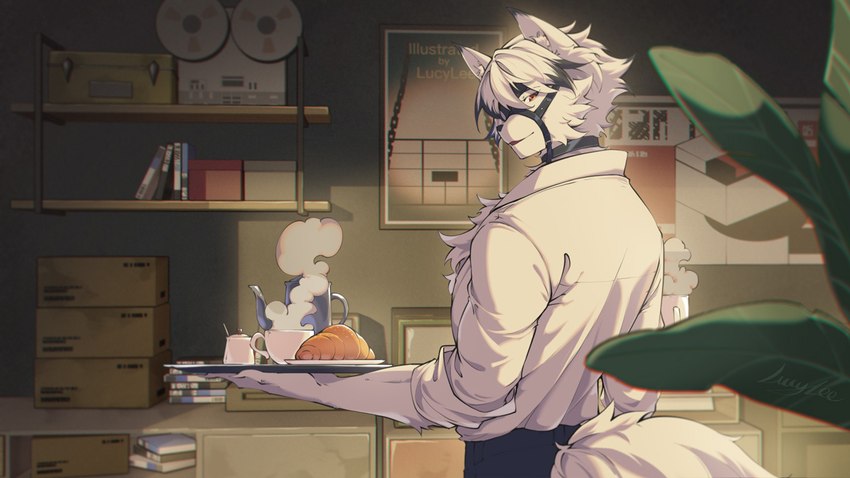 anthro bread butler croissant detailed_background food fur harness leather leather_harness looking_at_viewer male pastry serving_tray solo white_body white_fur lucylee158 mihoyo zenless_zone_zero von_lycaon canid canine canis mammal wolf 16:9 widescreen