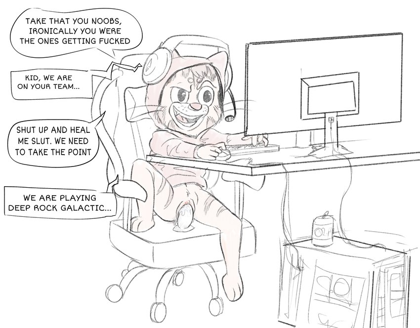 anthro bottomless clothed clothing computer computer_monitor dildo dildo_in_pussy dildo_insertion dildo_sitting electronics female gaming gaming_chair gaming_headset gaming_while_penetrated hoodie hoodie_only penetration profanity sex_toy sex_toy_in_pussy sex_toy_insertion solo text topwear topwear_only vaginal vaginal_penetration voice_chatting young young_anthro young_female tabloi arlo_the_alligator_boy deep_rock_galactic ghost_ship_games alia_(arlo_the_alligator_boy) felid mammal pantherine tiger english_text hi_res