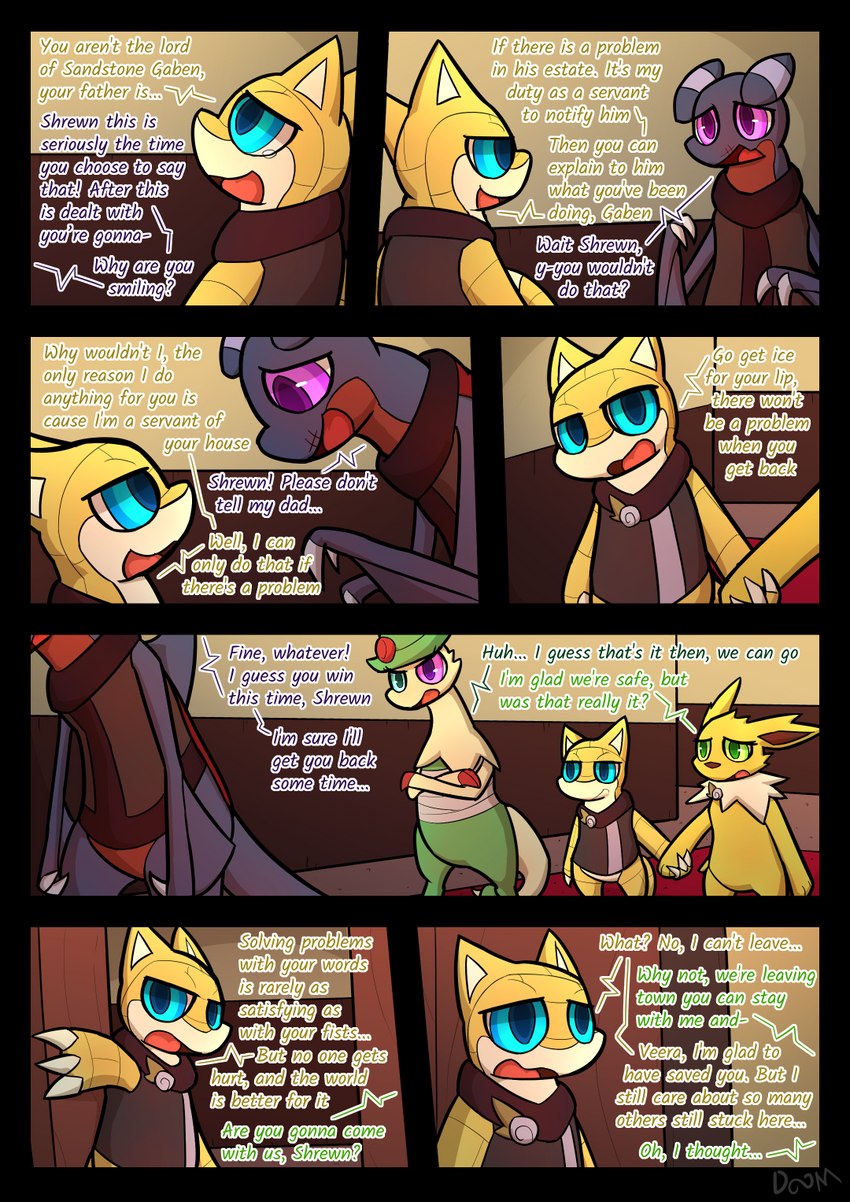 blue_eyes dialogue female green_eyes greeting heterochromia male purple_eyes text infinitydoom nintendo pokemon pokemon_mystery_dungeon spike_chunsoft brene_(infinitydoom) gaben_(infinitydoom) shrewn_(infinitydoom) veera_(infinitydoom) breloom eeveelution gabite generation_1_pokemon generation_3_pokemon generation_4_pokemon jolteon pokemon_(species) sandshrew comic english_text hi_res