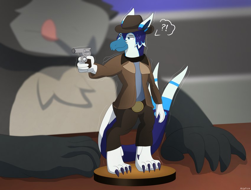 ?! anthro_to_inanimate barefoot beak belt belt_buckle blue_beak blue_body blue_feathers blue_hair bodily_fluids bottomwear brown_bottomwear brown_clothing brown_pants buckle character_miniature claws clothed clothing cowboy cowboy_hat duo feathers feet figurine fur furniture grey_body grey_fur gun hair hat headgear headwear holding_gun holding_object holding_ranged_weapon holding_weapon inanimate_transformation jacket leather leather_clothing leather_jacket leather_topwear licking licking_lips micro micro_on_table miniature_model on_table pants pointing_gun ranged_weapon solo_focus standing sweat table tail tongue tongue_out topwear toy transformation weapon white_body white_feathers alsoflick amiibo flick_(alsoflick) symtec alsoan avian bird absurd_res hi_res