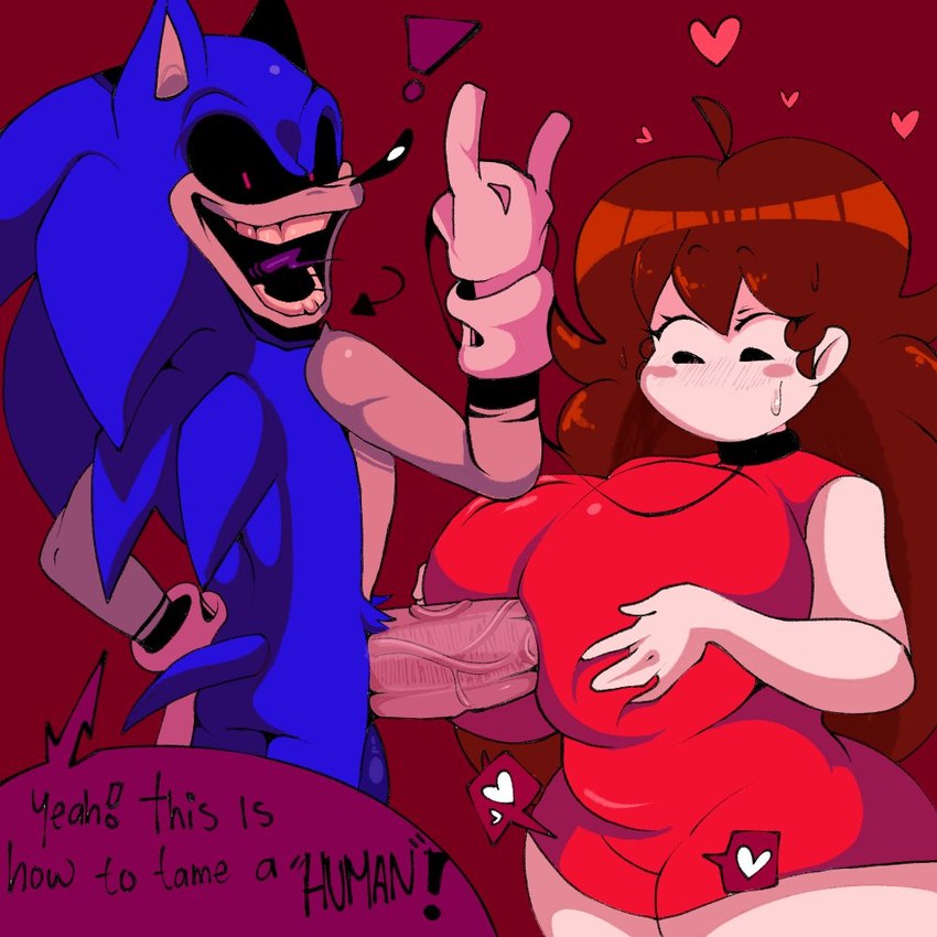 anthro big_penis black_collar black_sclera blue_body blue_fur breast_play breast_squish breasts cheating_girlfriend clothing collar dress female fur genitals gloves hair handwear heart_symbol male male/female nude nude_anthro nude_male one_piece_top penis red_clothing red_dress red_eyes red_hair sex smile smiling_at_viewer speech_bubble squish text titfuck bify creepypasta friday_night_funkin' sega sonic.exe_(creepypasta) sonic_the_hedgehog_(series) girlfriend_(fnf) scrimbo_(sonic.exe) eulipotyphlan hedgehog human mammal 1:1