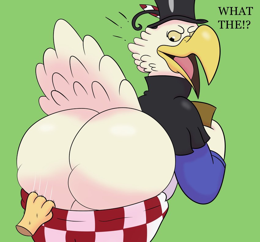 assisted_exposure beak bottomwear bottomwear_down butt clothed clothing duo feathers hat headgear headwear male pants pants_down partially_clothed surprise surprised_expression text white_body white_feathers yellow_beak colossalstars one_piece morgans_(one_piece) avian bird absurd_res hi_res