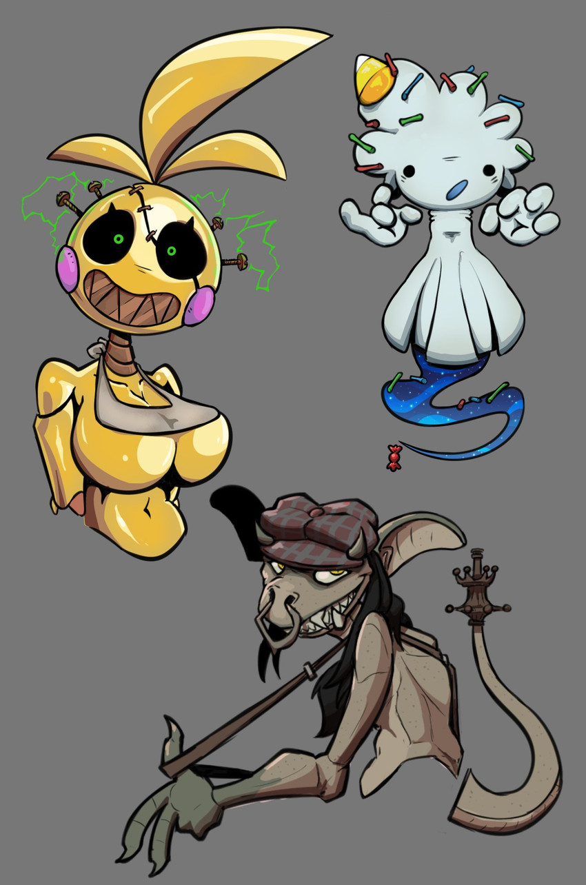 4_fingers 5_fingers anthro beakless big_breasts black_eyes black_hair blue_body blue_mouth breasts broken_teeth bronze_(metal) candy candy_corn clothing dessert electricity eyelashes facial_piercing featureless_breasts female female_anthro fingers floating_hands food ghost_tail green_electricity green_eyes grey_background grey_body grey_ears grey_tail grey_teeth grin group hair hat headgear headwear long_hair looking_at_viewer machine navel nose_piercing nose_ring open_mouth piercing pupils purple_cheeks ring_piercing sharp_teeth simple_background smile tail teeth trio white_bib white_body yellow_body yellow_breasts yellow_eyes bav deadlock five_nights_at_freddy's five_nights_at_freddy's_2 scottgames valve valve_corporation gost_leah ivy_(deadlock) toy_chica_(fnaf) animatronic avian bird galliform gargoyle ghost humanoid monster phasianid robot spirit 2024 digital_media_(artwork) hi_res shaded