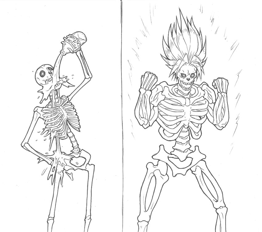 ambiguous_gender bone front_view hair magic potion potion_bottle power_up raised_arm simple_background skeleton skull skull_head solo thick_thighs thin_thighs demoniccriminal dragon_ball the_wandering_inn toren_(the_wandering_inn) animated_skeleton humanoid undead absurd_res black_and_white greyscale hi_res monochrome