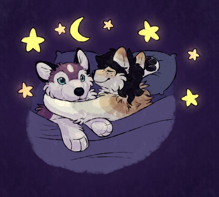 ambiguous_gender anthro bedding black_hair black_nose black_pawpads blanket blue_eyes duo eyes_closed freckled_face freckles fur hair handpaw hug hugging_object hugging_plushie moon pawpads paws pillow plushie pointy_ears prick_ears purple_background simple_background sleeping snout star tan_body tan_fur under_covers white_body white_fur maligaytor bob_der_bar kristof_(the_floofiest) canid canine canis domestic_dog husky mammal nordic_sled_dog samoyed spitz 2024 digital_drawing_(artwork) digital_media_(artwork) hi_res paint_tool_sai_(artwork) shaded nonbinary_(lore)